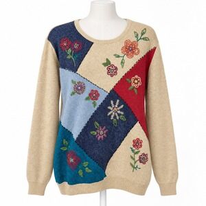 Vintage 90s Patchwork Floral Embroidered Sweater Size XL Cottagecore Fall Retro